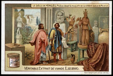 Pericles-talet (495-429 f.Kr.): skulptören Phidias (490-430 f.Kr.) framför modellen av sin berömda staty av Minerva - Liebig-kromolitografi