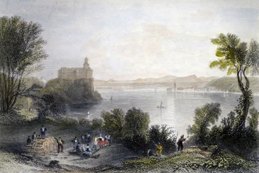 Persenberg slott i Tyskland. I förgrunden träarbetarna på jobbet. Gravyr av 1800-talet.