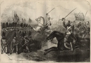 Persiska Anglo (anglo-persiska) kriget (1856-1857): laddningen av det tredje brittiska indo-kavalleriet under befäl av kapten Forbes under slaget vid Koosh-Ab (Koosh Ab, Kooshab) den 8 februari