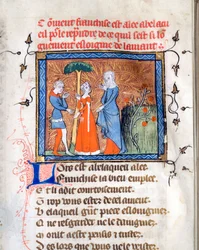 ""Tecken i samtal"" Upplyst sida från manuskriptet ""Le Roman de la Rose"" av Guillaume de Lorris (cirka 1200-1238) och Jean de Meun (Meung) (1240-1305) runt 1365 University of Chicago Library States Förenad