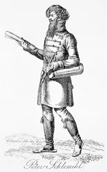 Peter Schlemihl, huvudperson i "Den underbara historien om Pierre Schlemihl" av Aldebert Von Chamisso - gravyr