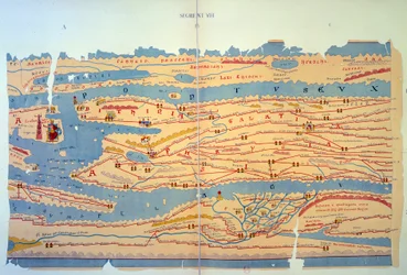 Peutingerkartan som visar de romerska vägarna i Egypten och Turkiet. Vägkarta från 1200-talet baserad på en karta över Romarriket från 300-talet. Paris, BN.