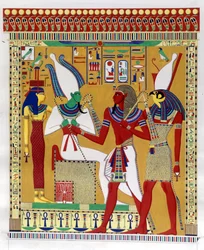 Farao Merenptah 1st (eller Mineptah, Merneptah) (1213-1204 f.Kr.) guidad av Horus i närvaro av Osiris och Athyr infernal. Från vänster: Athyr, Osiris, Merenptah I och Horus. (Biban-el-Moluk) - i "" Monuments of Egypt and Upper Nubia"" av Ippolito Rosel