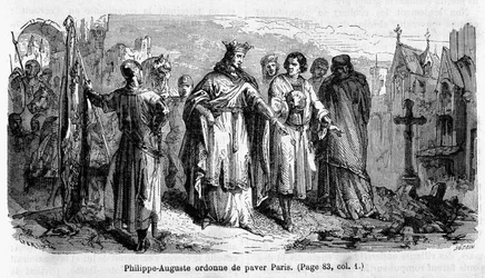 Philippe Auguste ger order om att asfaltera Paris på 1100-talet - gravyr