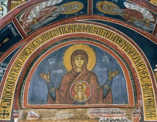 Phorbiotissa Panagia, Our Lady of Christ in Medallion, fresk (1332-1333), Bysantine Church of Our Lady of Asinou (1100-talet) (Unescos världsarvslista, 2001), Troodosbergen, Cypern