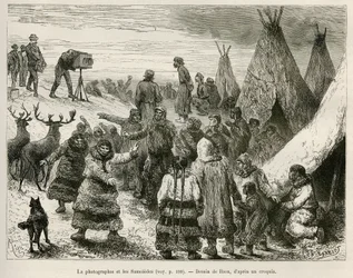Fotografi och Samoiedes i Caborova-regionen (Sverige), teckning av Riou, för att illustrera historien om professor Nils Adolf Erik (Eric) Baron Nordenskjold (Nordenskiold) (1832-1901): Svenska Polarexpeditionen