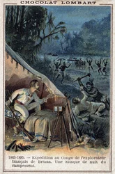 Pierre Savorgnan de Brazza (1852-1905), fransk upptäcktsresande, vid Kongos strand. En nattattack mot lägret.