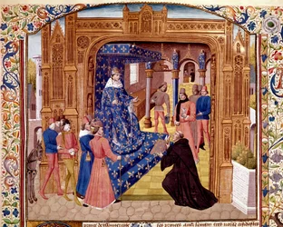 Pierre de Bressuire erbjuder sin bok till Johannes II den gode på ön Cite i Paris Miniature från "" Histoire romaine"" (Ad urbe condita) av Titus Live (59 f.Kr.-17 e.Kr.) (Titus Livius), översatt av Pierre Bressuire (ms. 310) 1450-1500 Chantilly, musa