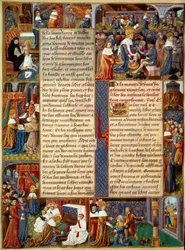Pietescen: "" Kung Ludvig IX (1214-1270) (Saint Louis) tvättar de fattigas fötter, kungen ber och scener av kristen välgörenhet från kungen"" Miniatyr från ett manuskript "" The Book of Facts of Monsignor Saint Louis”” 1400-talet. Paris, B.N