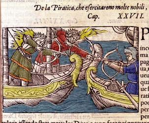Piratkopiering utövades av många skandinaviska adliga kvinnor. Gravyr från "History of the Northern Nations" av Olaus Magnus, Venedig 1567.