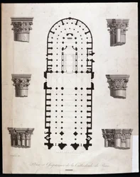 Plan och kapitäl till Notre-Dame-katedralen i Paris. 1800-talet.