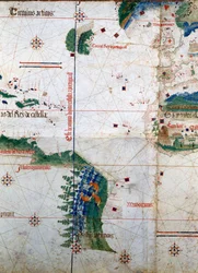 Cantinos planisfär: Karta av Alberto Cantino från 1502 som visar den gränslinje mellan portugisiska och spanska Amerika som fastställdes genom Tordesillasfördraget (1494). Biblioteca Estense, Modena