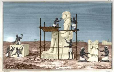Tallrik baserad på verk av Rosellini (Rossellini), italiensk resenär som följde med Jean Francois (Jean-Francois) Champollion till Egypten. Gravyr från boken Atlas of Rollin