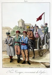 Plåt från 1811 som illustrerar en grupp kosacker som återvänder från kyrkan efter ett bröllop.