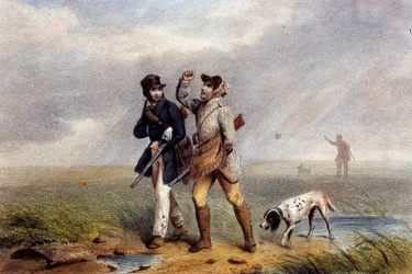 Behagligt jaktspel två jägare som pratar. Litografi av 1800-talets Gien, jaktmuseum