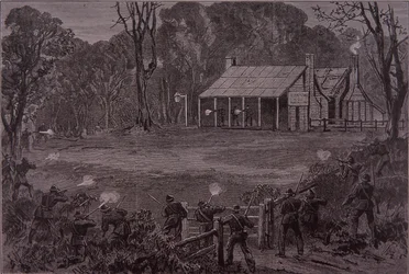 Polisen öppnar eld mot Kelly Gang i Glenrowan Hotel, 28 juni 1880 (gravyr)