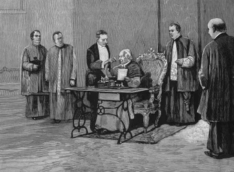 Påven Leon XIII (1810-1903) skickar sitt budskap om jubileet, inspelat med fonograf, till det amerikanska folket. Gravyr 1800-talet.