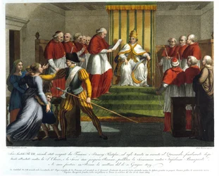 Påven Pius VII (1742 - 1823) excommunerade Napoleon Bonaparte den 10 juni 1809. Gravyr från 1800-talet.