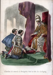 Påven Gregorius XIII (1502-1585) tar emot huvudet av Gaspard de Coligny (1519-1572), mördad under Bartolomeinatten 1572, som gåva från Frankrikes kung Karl IX (1550-1574).