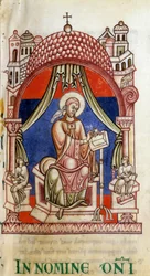 Påven St. Gregoire I den store (540-604) omringad av två sekreterare. Han är skriven representativ med en duva på axeln, symbol för den Helige Ande (Helige Ande). Miniatyr av Saint Gregoires bokstäver
