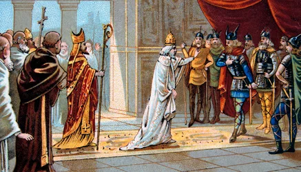 Påven Stefan II (Stephanus) ber om hjälp av den korta Pepin mot langobarderna 754 i Ponthion Palace - påven Stefan II (III) ber Pepin den korta om hjälp mot langobarderna 754