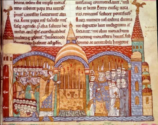 Påven Urban II (1042-1099) framför altaret i klostret Cluny. Han bekräftade klostret Cluny i dess privilegier och ägodelar och erkände för Hughes abbey användningen av biskopsliga ornament 1088. Miniatyr från Chronicles of Cluny