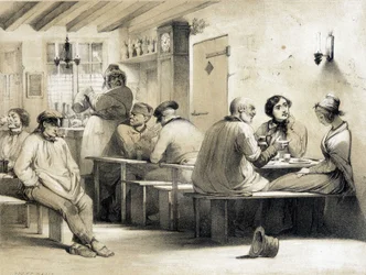 Populärt vandrarhem "" Le Carpet Franc"". Illustration av 1800-talet.