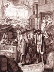 Hamnhandlare som pratar med varandra. 1800-talsgravyr.
