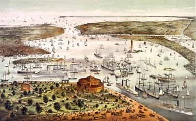 New Yorks hamn; fågelperspektiv. Gravyr v. 1892.