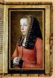 Porträtt antar av Anne av Bretagne (1477-1514) drottning av Frankrike. Miniatyr, fragment av timbok. Anonym