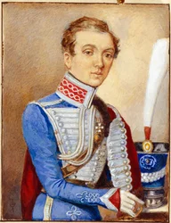 Porträtt av Nadezhda Durova (1783-1866) (Nadezhda Andreyevna Durova) känd som Alexandre Durov eller Alexandre Sokolov eller Alexander Andreevich Alexandrov, i uniformen av en rysk officer, en kvinna förklädd till en man som gjorde karriär i den ryska armén