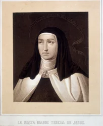 Porträtt i byst av heliga Therese av Jesus (eller heliga Therese av Avila) (1515-1582), gravyr