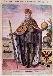 Porträtt till fots av Karl V (1500-1558) i trettio andra greve av Flandern Gravyr av 1500-talets Paris, B.N.