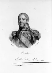 Porträtt av Adolphe Edouard Casimir Joseph Mortier, hertig av Treviso, fransk marskalk och politiker (1768 - 1835). Gravyr av 1800-talet.