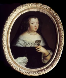 Porträtt av Anne av Österrike (1601-1666) drottning av Frankrike. Hon bär pärljuveler, ett hänge prydt med ädelsten i form av ett kors och ett armband runt vänster handled. Anonym målning