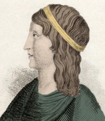 Porträtt av Apulee (Lucius Apuleius) (cirka 125-cirka 180), latinsk filosof och författare, av berberiskt ursprung (Algeriet), författare till "" Les Metamorphoses" (Gyllene åsnan eller Asinus aureus). Gravyr av 1800-talet.