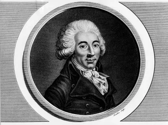 Porträtt av Armand Gensonne (1758 - 1793) konventets deputant. Gravyr i "" Komplett samling av historiska målningar från den franska revolutionen, i tre volymer.""" 1804.