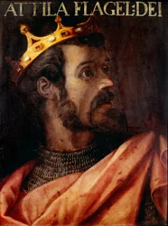Porträtt av Attila (395-453) Hunnernas kung. Anonym 1600-talsmålning av "Gioviana Collection" Florence Uffizi Gallery.