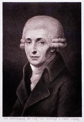 Porträtt av den österrikiska kompositören Joseph Haydn (1732-1809) Gravyr. 1800-talet. Milano, biblioteca del conservatorio