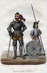 Porträtt av Baldwin I, greve av Flandern (830-879), även känd som Baldwin Iron Arm. (Baudouin I, greve av Flandern, även känd som Iron Bras eller the Good). Gravyr från 1842 i "Histoire des popes"" av Maurice Lachatre. Privat samling.