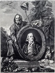 Porträtt av Benjamin Franklin (1706 - 1790), amerikansk politiker, minnesman, broschyr och fysiker