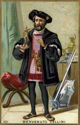 Porträtt av Benvenuto Cellini (1500 - 1571), italiensk guldsmed och skulptör. Kromolitografi av 1800-talet.