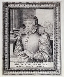Porträtt av Catherine de Medicis (Caterina de Medici) (1519-1589), Frankrikes drottning. Gravyr av 1500-talet. Pau, Musée du Chateau