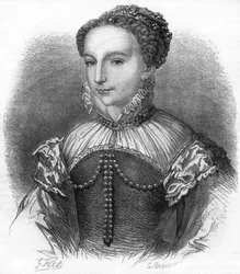 Porträtt av Catherine de Medicis (Caterina de Medici) (1519-1589) fru till Henrik II, kung av Frankrike. 1800-talsgravyr.