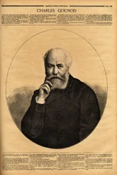Porträtt av Charles Gounod (1818-1893), en fransk kompositör, känd för sina operor (Faust 1859, Romeo och Juliette 1867), han komponerade också symfonier och många melodier till dikterna av Alfred de Musset (1810-1857) och Victor Hugo (1802-1885). Engr