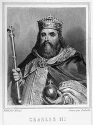 Porträtt av Karl III (839 - 888), kejsare av västerlandet (881 - 887) och regent av Frankrike (884 - 887) - i "Histoire des Français" av Lavallée, gravyr, sd.