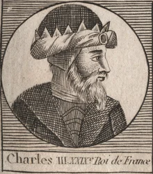 Porträtt av Karl III säger den enkla (879-929) kungen av frankerna - CHARLES III (879-929) - Karl den enkle - kung av Frankrike, 893-923 - gravyr från "Instruction sur l
