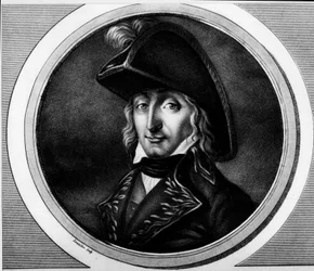 Porträtt av Charles Pierre Francois Augereau, fransk general (1757-1816). Gravyr i "" Komplett samling av historiska målningar från den franska revolutionen, i tre volymer.""" 1804.