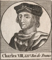 Porträtt av Karl VIII (1470-1498) Fransk kung av Valois-dynastin - Karl VIII (1470-98) kung av Frankrike - gravyr från "Instruction sur l