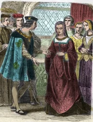 Porträtt av Karl VIII och Anne av Bretagne. Gravyr från 1800-talet - Kung Karl VIII (1470-98) och drottning Anne av Bretagne (1477-1514) gravyr